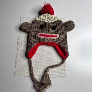 Sock Monkey Knit Beanie Hat with Earflaps Pom-Pom and Braided Tassels Brown Red